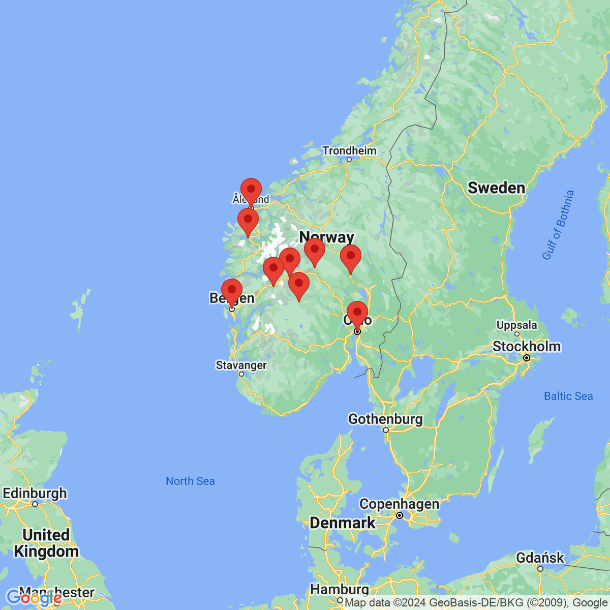 Carte du voyage LES FJORDS DE BERGEN A OSLO - NORVEGE