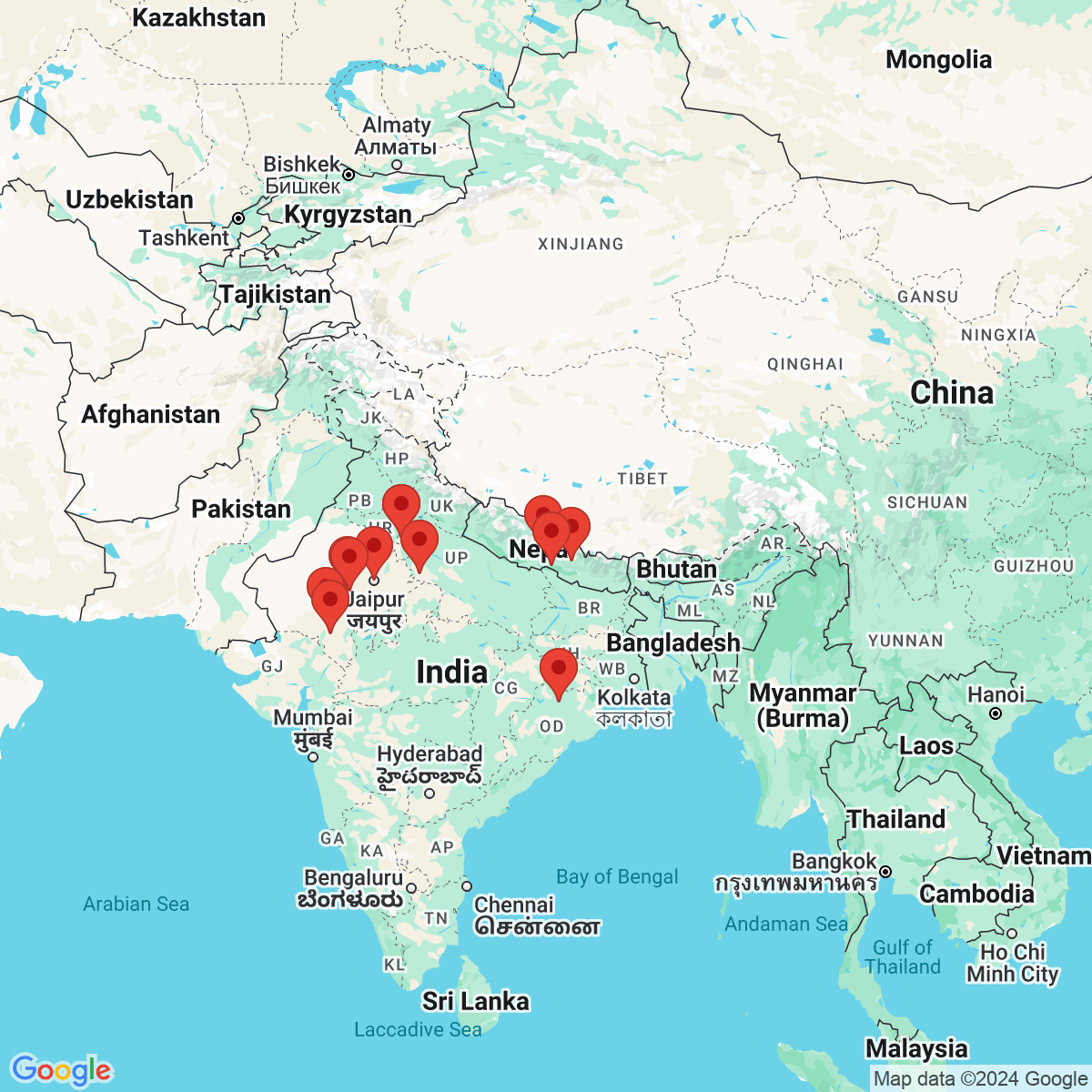 Carte du voyage NEPAL / INDE DU NORD